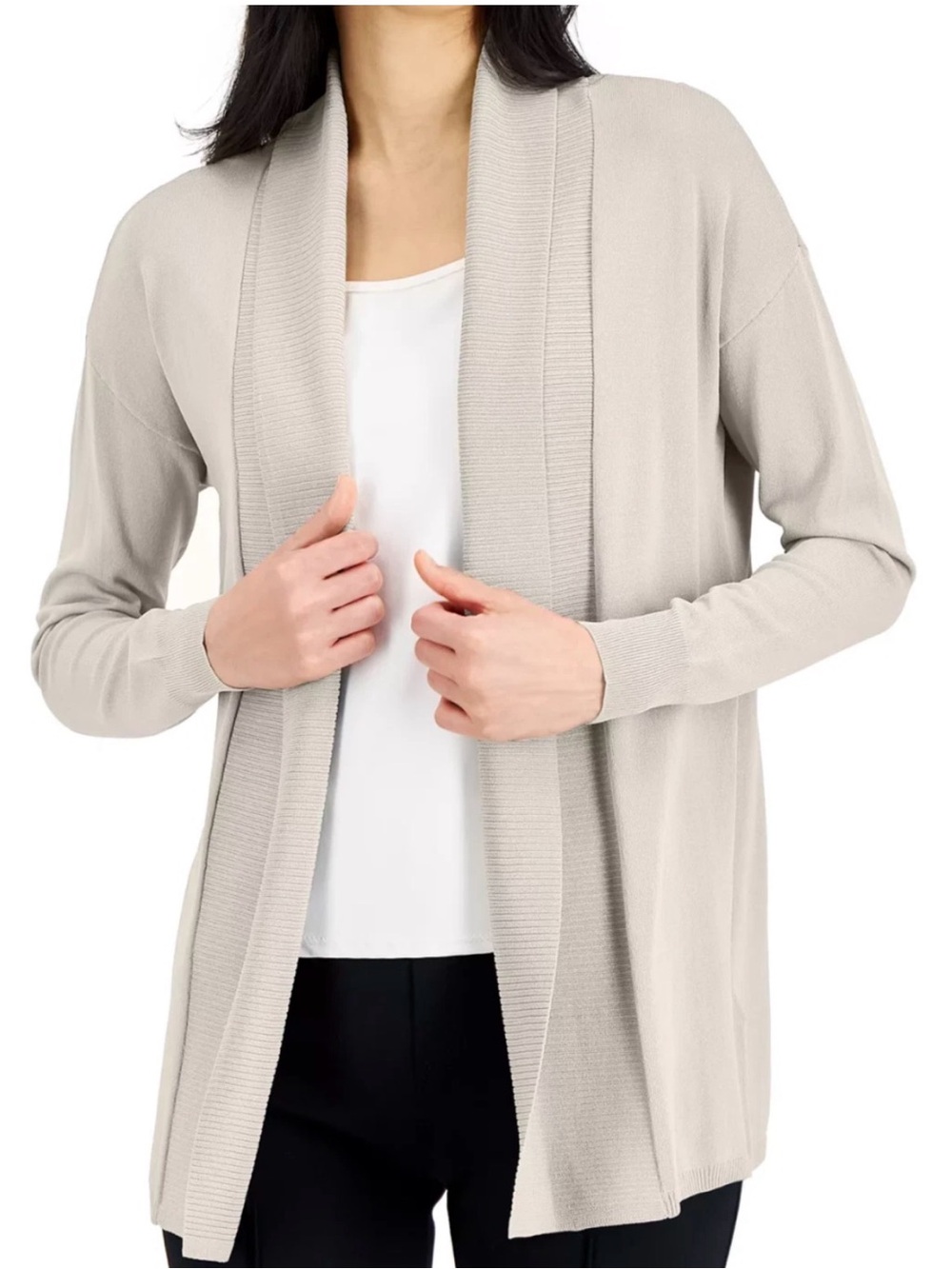 Macy's Women Alfani Soft Oatmeal Open Front Knit Cardigan Sweater